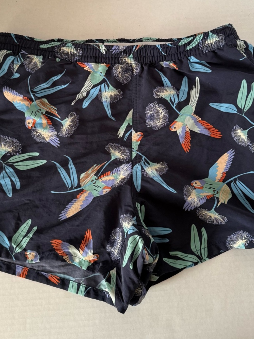 Patagonia Black Parrot Print Athletic Shorts